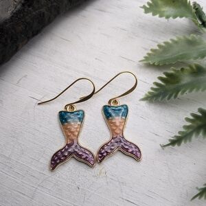 Mermaid Tail Dangle Earrings — Teal, Peach & Purple